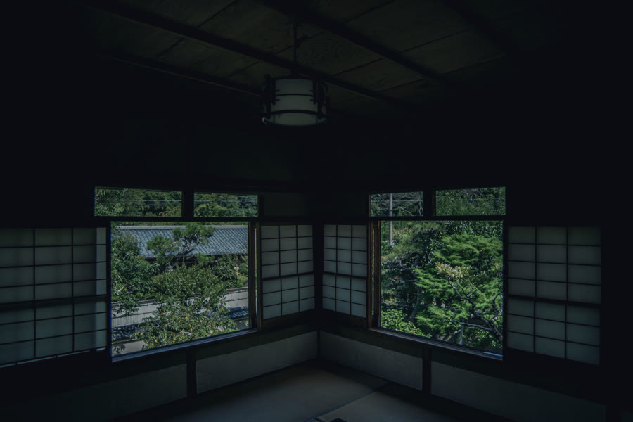 窓の向こうに見える隣家の屋根と緑